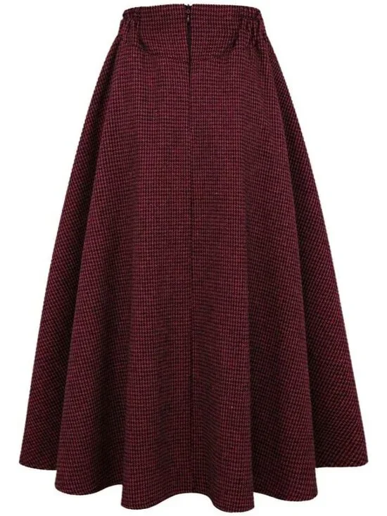 Women's Black & Wine Red Fall High Waisted Wool Plaid A-line Long Maxi Skirt - Picture 3 of 6